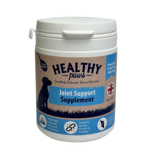 A plastic container of Healthy Paws Joint Support Supplement with a label featuring a dog and product information.