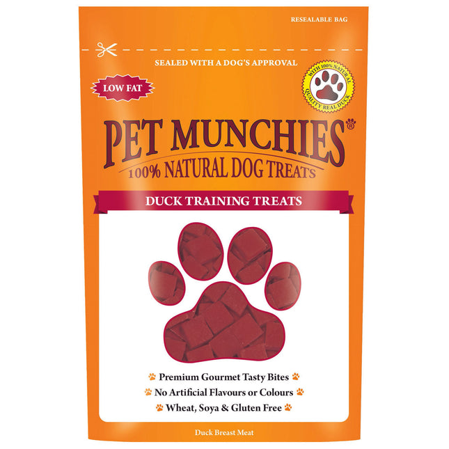 A package of Pet Munchies Duck Training Treats for dogs. The packaging is predominantly orange with an image of a duck on the front.