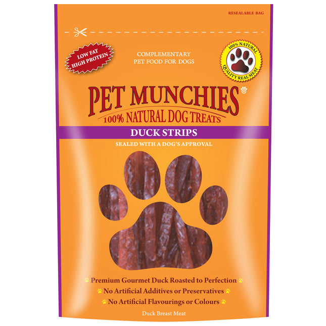 Packaging for Pet Munchies Duck Strips, a dog treat product. The package is orange with an image of duck strips and a paw print, indicating it is a gourmet dog treat.