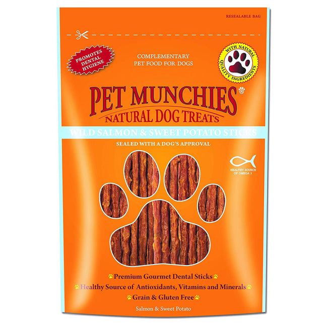 Packaging of Pet Munchies salmon and sweet potato dog treats showing the product name and images of the treats