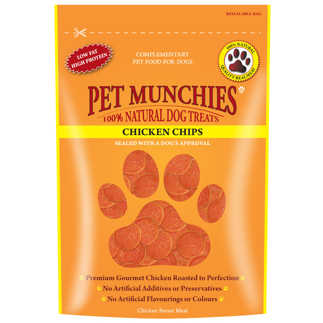 Packaging of PET MUNCHIES Chicken Chips, showing the product and a paw print logo, indicating it is a dog treat product.