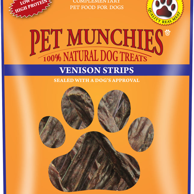 A package of Pet Munchies brand Venison Strips for dogs, with a picture of a dog's paw print and venison strips.