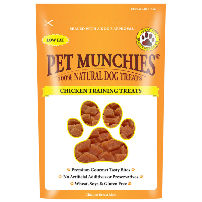Packaging for Pet Munchies Chicken Training Treats, featuring a picture of a dog and pieces of chicken.