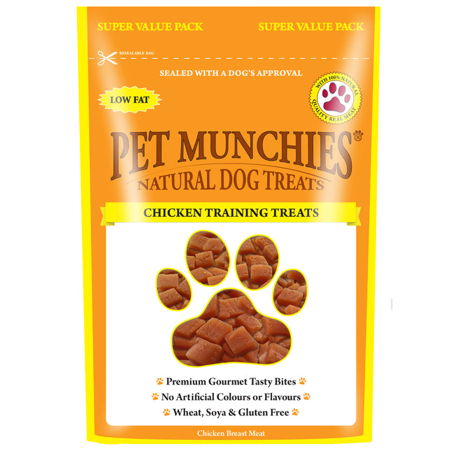 Packaging of PET MUNCHIES Chicken Training Treats featuring a paw print and a picture of chicken-flavored treats.