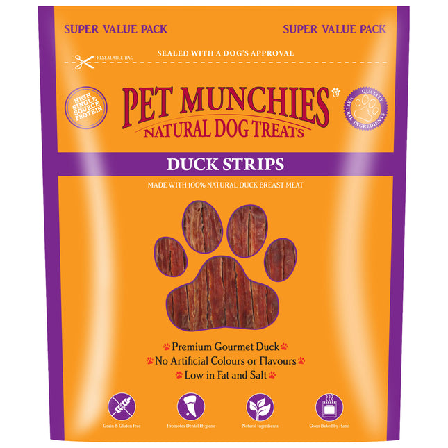 Package of PET MUNCHIES DUCK STRIPS 320G VALUE PACK which is a gourmet dog treat made from duck, indicating no artificial colors or flavors and being wheat and gluten free.