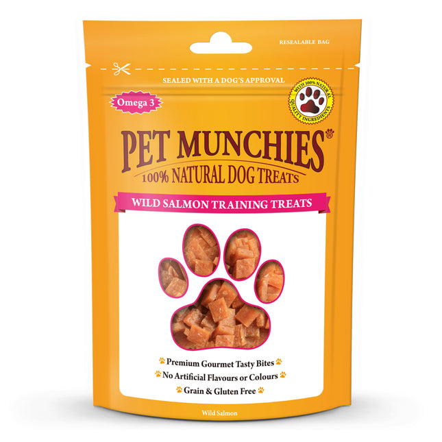 A package of Pet Munchies Salmon Training Treats for dogs. The packaging is predominantly orange with images of the treats and a dog-friendly design.