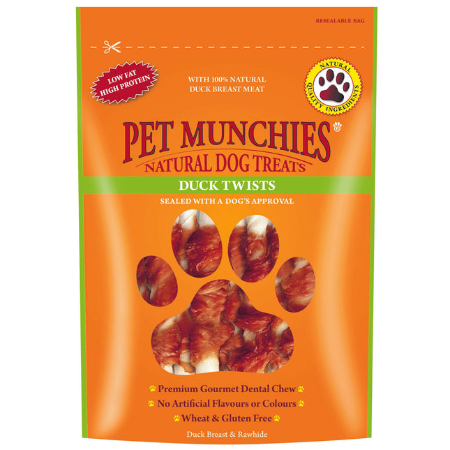 Packaging for Pet Munchies Duck Twists, showing the product and a dog's paw print, indicating it is a dog treat product.