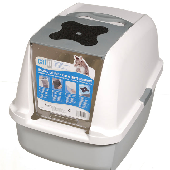 A gray Catit hooded cat litter pan with a white top and a carbon filter visible at the top.