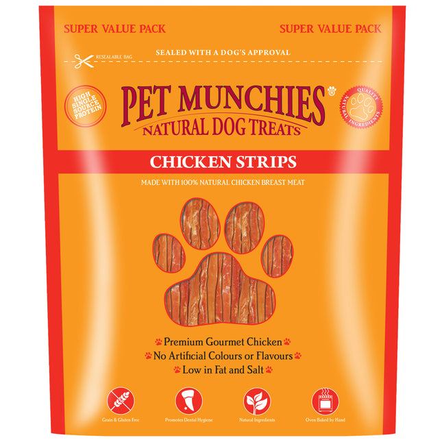 Package of Pet Munchies Natural Dog Treats, Chicken Strips flavor, with a red and orange design indicating a value pack, and icons suggesting no artificial colors or flavors, and premium quality.