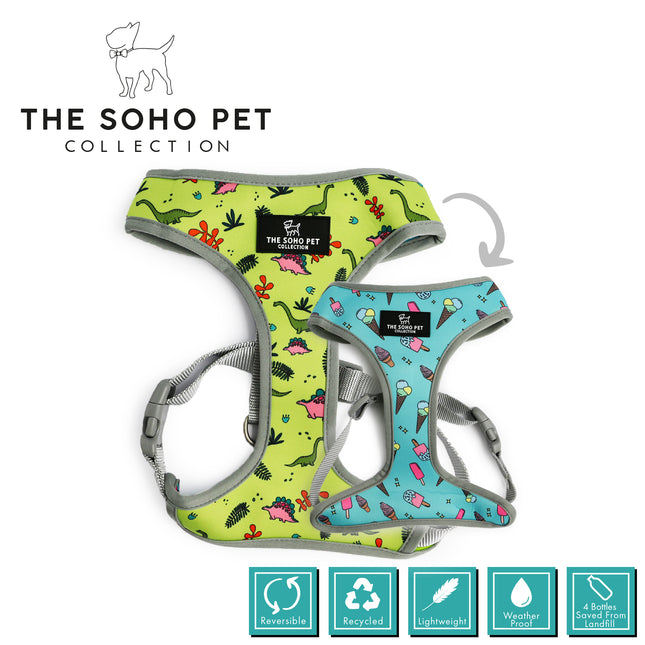 Two reversible dog harnesses with colorful patterns on a white background, featuring 'The Soho Pet Collection'.