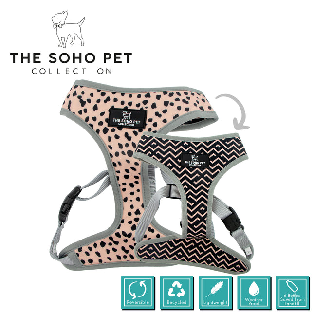 Two dog harnesses with patterned designs on a white background, featuring 'The Soho Pet Collection'.