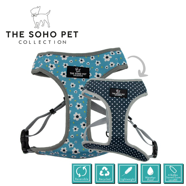 Two dog harnesses with floral and polka dot patterns on a white background, branded as 'The Soho Pet Collection'.