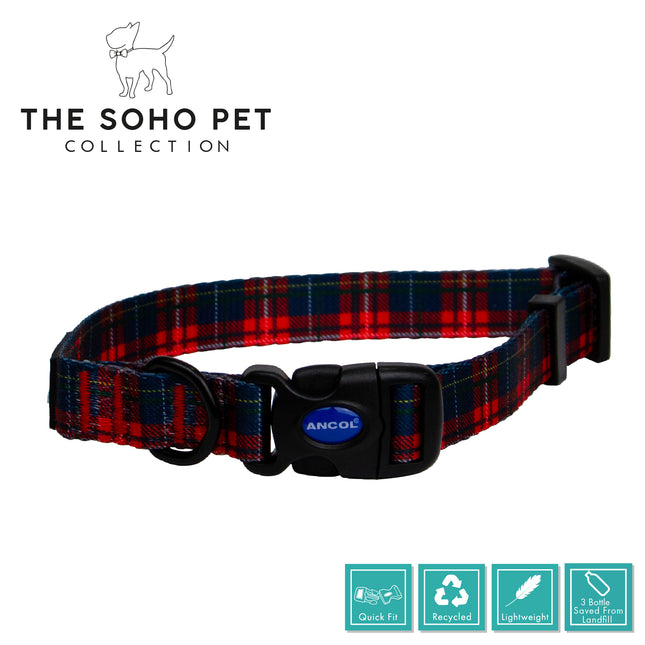 Red and blue plaid dog collar with Ancol buckle on a white background, featuring The Soho Pet Collection branding.