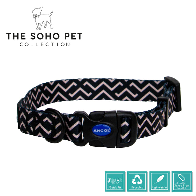 Dog collar with chevron pattern and Ancol branding on a white background, featuring The Soho Pet Collection logo.