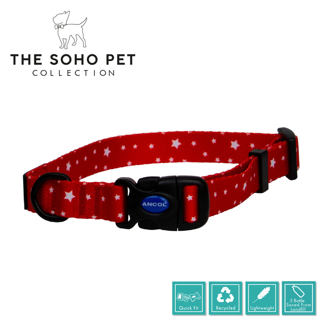 Red dog collar with white star pattern on a white background, featuring The Soho Pet Collection branding.