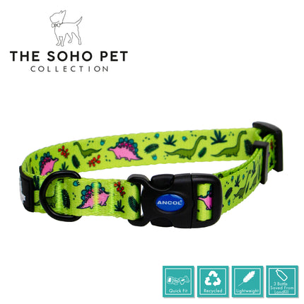 Dog collar with dinosaur pattern on a white background, featuring The Soho Pet Collection branding.