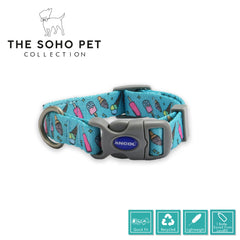 Dog collar with ice cream pattern and Ancol branding on a white background, featuring 'The Soho Pet Collection'.