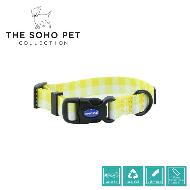 Yellow and white striped dog collar with Ancol buckle on a white background, branded as The Soho Pet Collection.