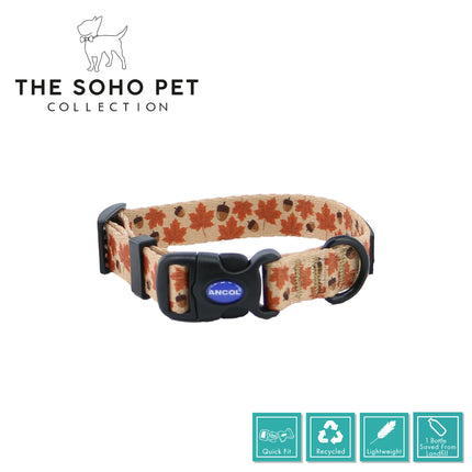 Dog collar with leaf pattern and ANCOL branding on a white background, featuring 'The Soho Pet Collection' logo.