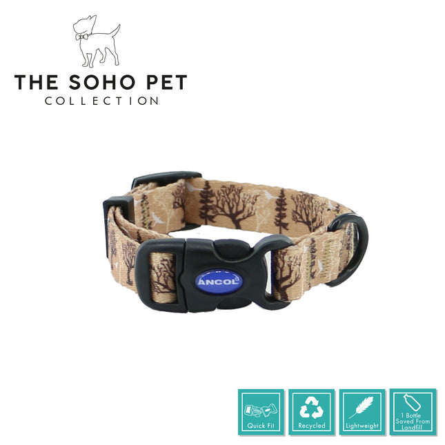 Dog collar with tree pattern and Ancol logo on a white background, featuring 'The Soho Pet Collection'.