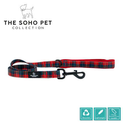 Red and blue plaid dog leash with black clip on a white background, featuring 'The Soho Pet Collection' branding.