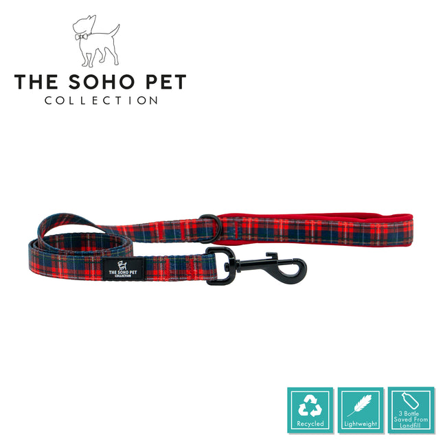 Red and blue plaid dog leash with black clip on a white background, featuring 'The Soho Pet Collection' branding.