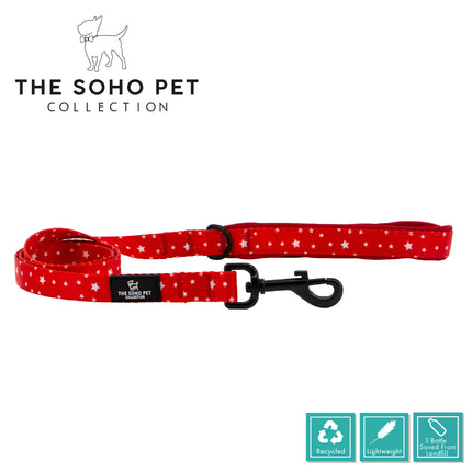 Red dog leash with white star pattern on a white background, featuring 'The Soho Pet Collection' branding.