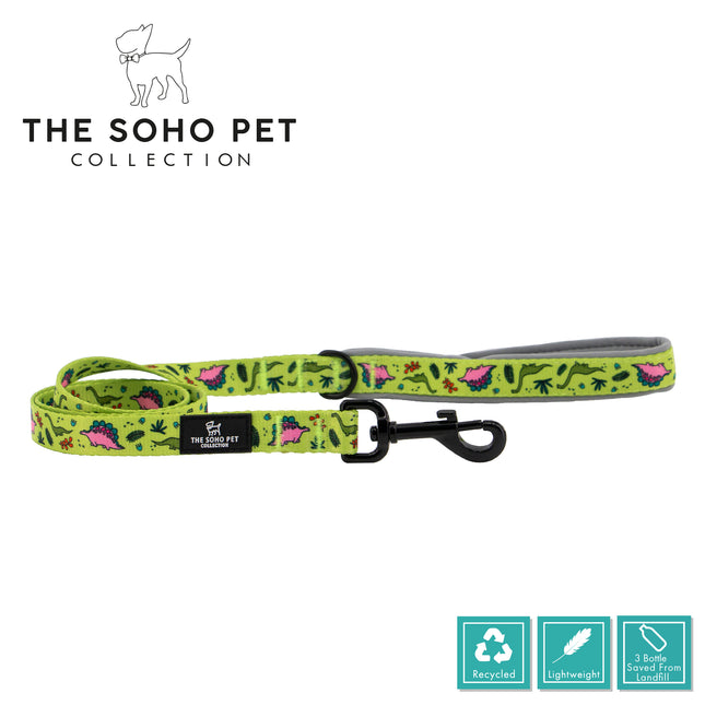 Green pet leash with pink flamingo pattern on a white background, featuring 'The Soho Pet Collection' branding.