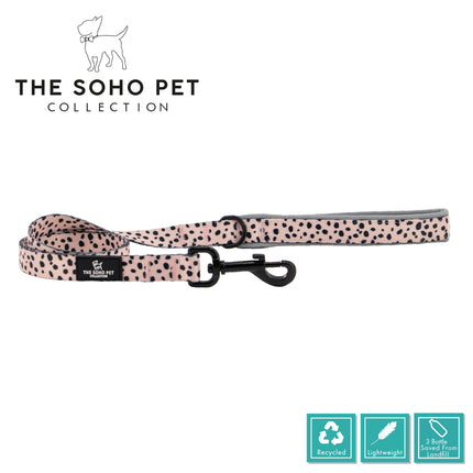 Dog leash with pink and black pattern on a white background, featuring 'The Soho Pet Collection' branding.