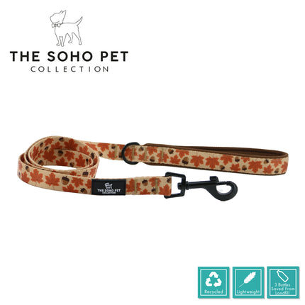 Dog leash with leaf pattern on a white background, featuring 'The Soho Pet Collection' branding.