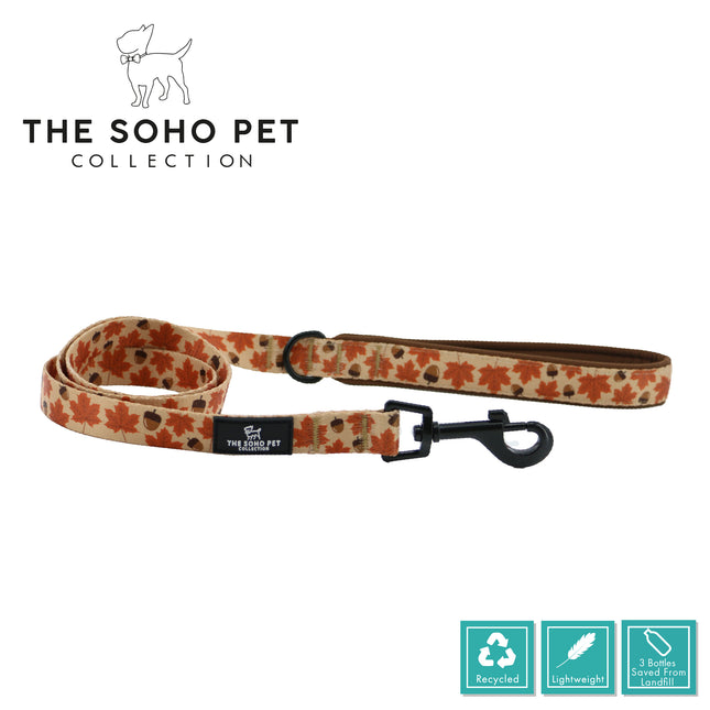 Dog leash with leaf pattern on a white background, featuring 'The Soho Pet Collection' branding.