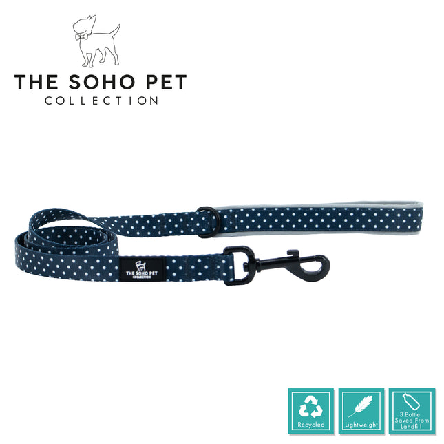 Dog leash with polka dot pattern on a white background, featuring 'The Soho Pet Collection' branding.