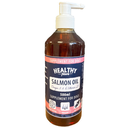A bottle of Healthy Paws Salmon Oil for dogs, with a pump dispenser, in a 500ml size. The label indicates it's a supplement for dogs and contains 500ml of product.