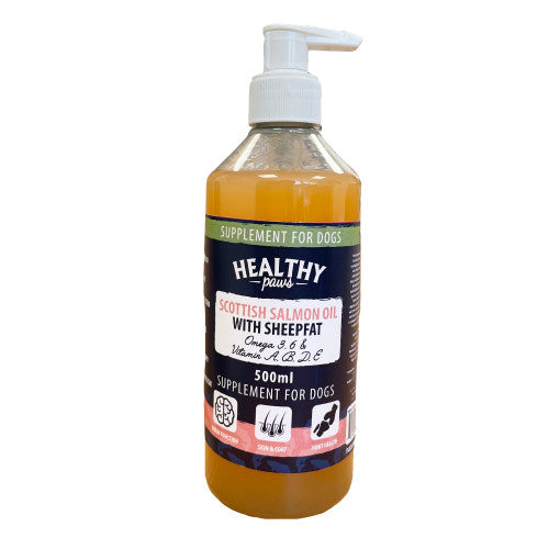 A bottle of Healthy Paws Scottish Salmon Oil with Sheepshade for dogs, 500ml size, with labeling and text on the front.