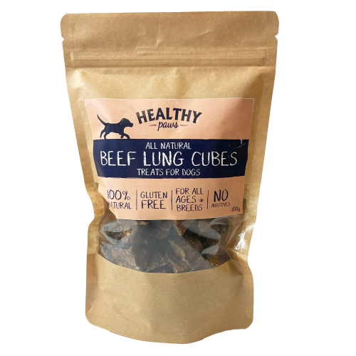 Packaging of Healthy Paws Beef Lung Cubes, indicating the product is all natural, gluten-free, and suitable for all breeds of dogs.