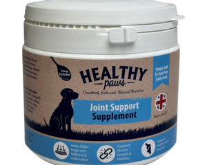 A container of Healthy Paws Joint Support Supplement for dogs, 400g size, with branding and product information on the label.