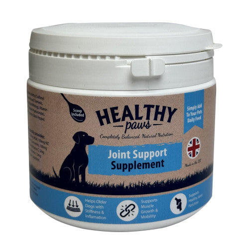 A container of Healthy Paws Joint Support Supplement for dogs, 400g size, with branding and product information on the label.