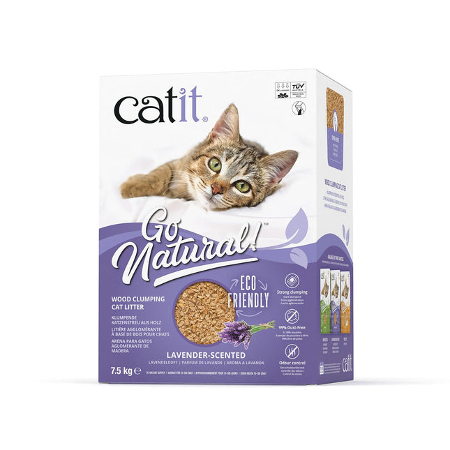 A box of Catit Go Natural Wood Clumping Litter with Lavender Scent. The packaging is predominantly purple and white, featuring an image of a cat and a description of the product's features, including its eco-friendly nature and 7.