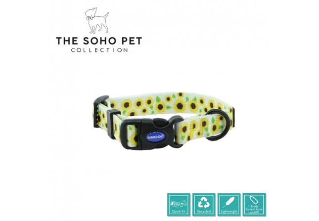 A sunflower patterned dog collar with a buckle and metal contact points, branded with 'The Soho Pet Collection' and marked as 100% recycled fabric.