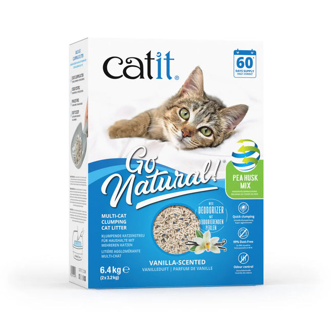 Package of Catit Go Natural! Multi-Cat Clumping Litter featuring an image of a cat and the litter product visible through a window on the box.