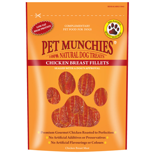 Packaging for PET MUNCHIES Chicken Breast Fillets, showing the product and a dog's paw print, indicating it is a dog treat product.