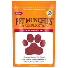 A package of Pet Munchies Duck Training Treats for dogs. The packaging is predominantly orange with an image of a duck on the front.