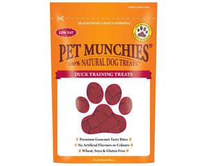 A package of Pet Munchies Duck Training Treats for dogs. The packaging is predominantly orange with an image of a duck on the front.