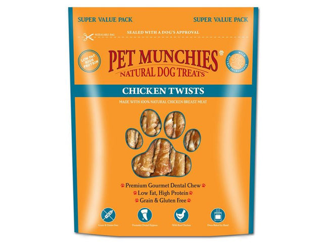 A package of PET MUNCHIES brand Chicken Twists dog treats, with a picture of a dog's paw and pieces of chicken on the front.
