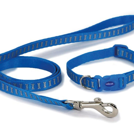 Ancol Small Bite Reflective Bone Blue Collar & Lead Set 20-30cm