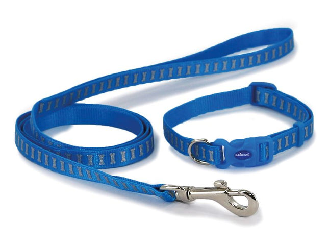 Ancol Small Bite Reflective Bone Blue Collar & Lead Set 20-30cm