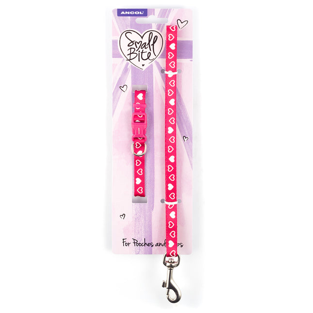 ANCOL SMALL BITE RASPBERRY HEART PUPPY COLLAR & LEAD SET