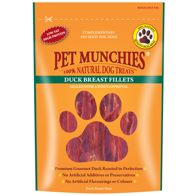 Packaging for Pet Munchies Duck Breast Fillets, an 80g bag of natural dog treats, with an image of a duck and a paw print.