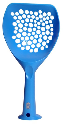 A blue Catit cat litter scoop designed for use with silica litter beads.