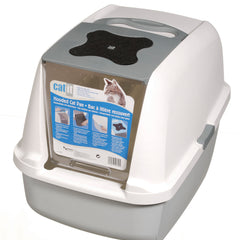A gray Catit hooded cat litter pan with a white top and a carbon filter visible at the top.